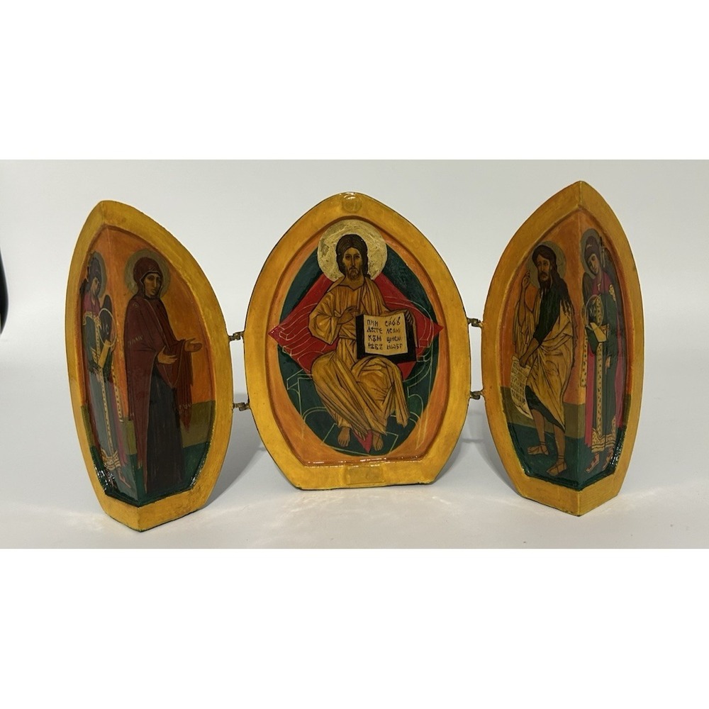 Vintage Russian Hand Painted Wooden Triptych Egg Jesus Maty & John Baptist